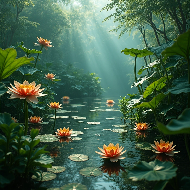 Plantas aquáticas em um tanque de jardim: lírios d'água, lótus e espécies nativas brasileiras.