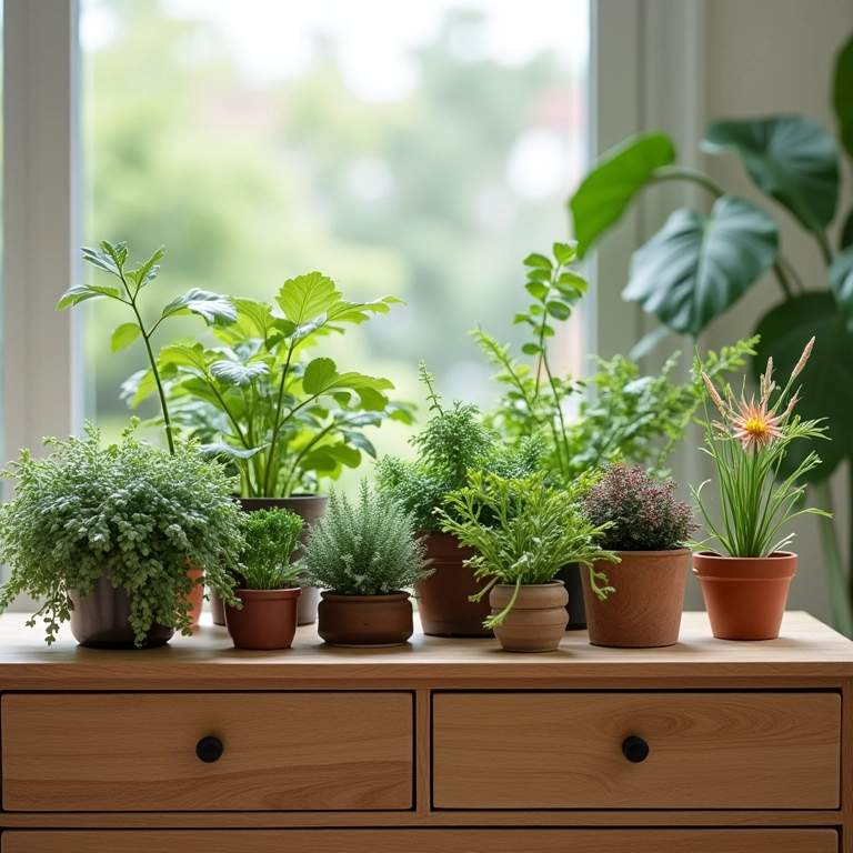 Plantas decorando uma mesa de centro com gavetas.
