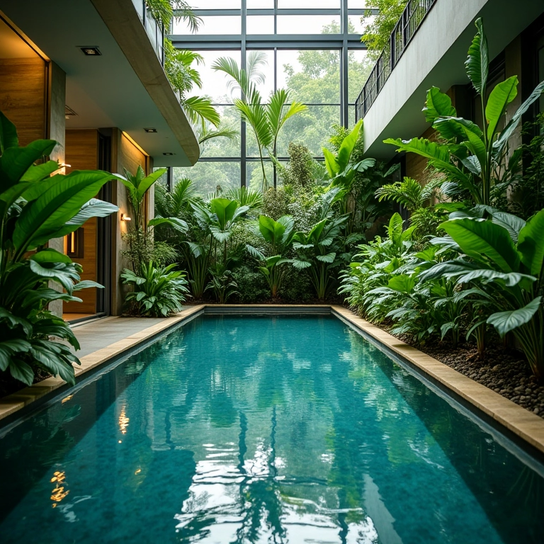 Plantas e elementos naturais decoram piscina coberta.