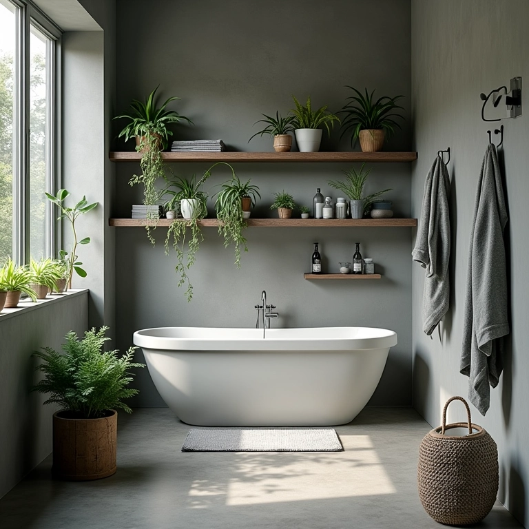 Plantas para dar vida ao banheiro cinza.