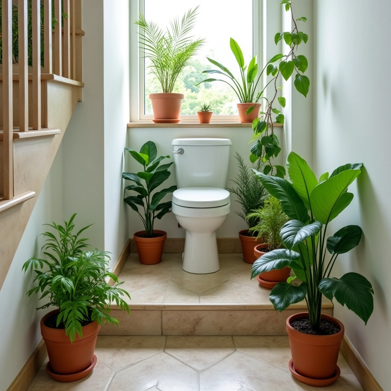 Plantas trazem toque natural ao lavabo sob a escada.
