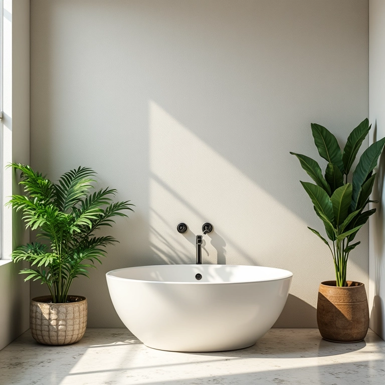 Plantas trazem vida e frescor ao banheiro minimalista.