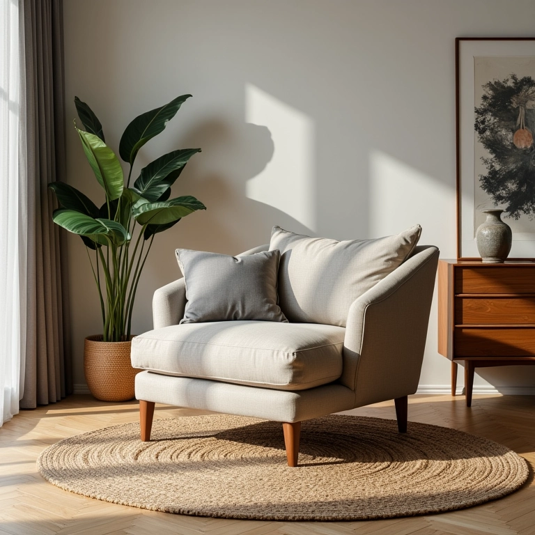 Poltrona confortável em sala com design brasileiro e luz natural.