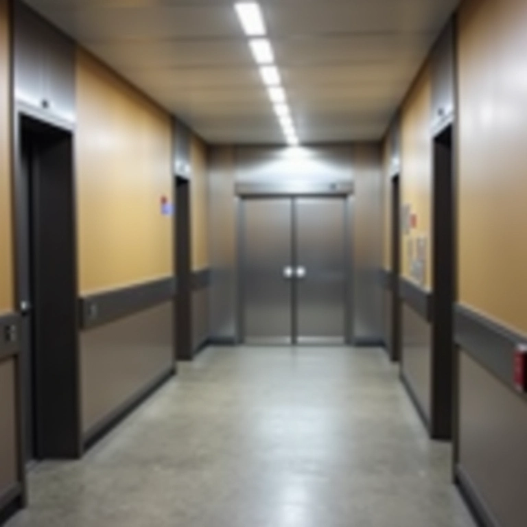 Porta corta-fogo de aço em um corredor de edifício, garantindo segurança.