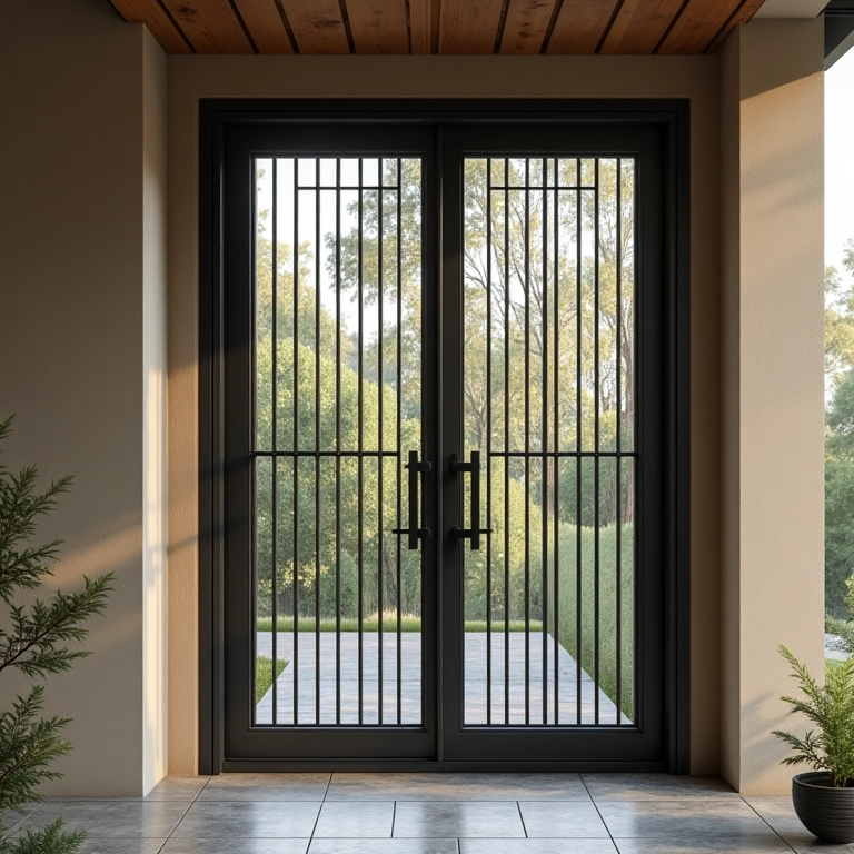 Porta de aço com grade de segurança, unindo proteção e visibilidade.