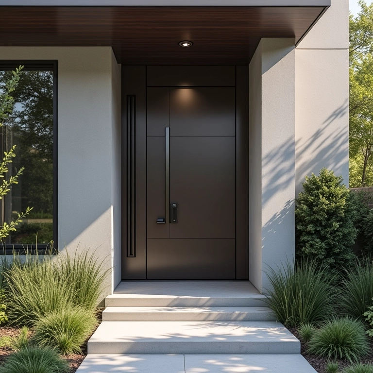 Porta de aço elegante valorizando a fachada de uma casa moderna.