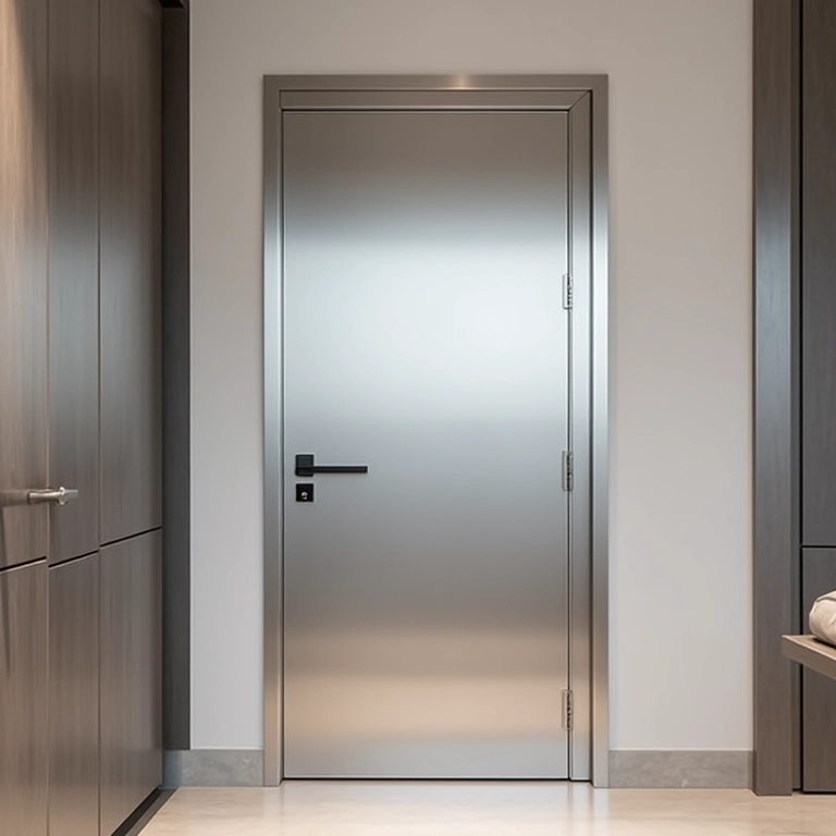 Porta de aço lisa em um apartamento moderno com design minimalista.