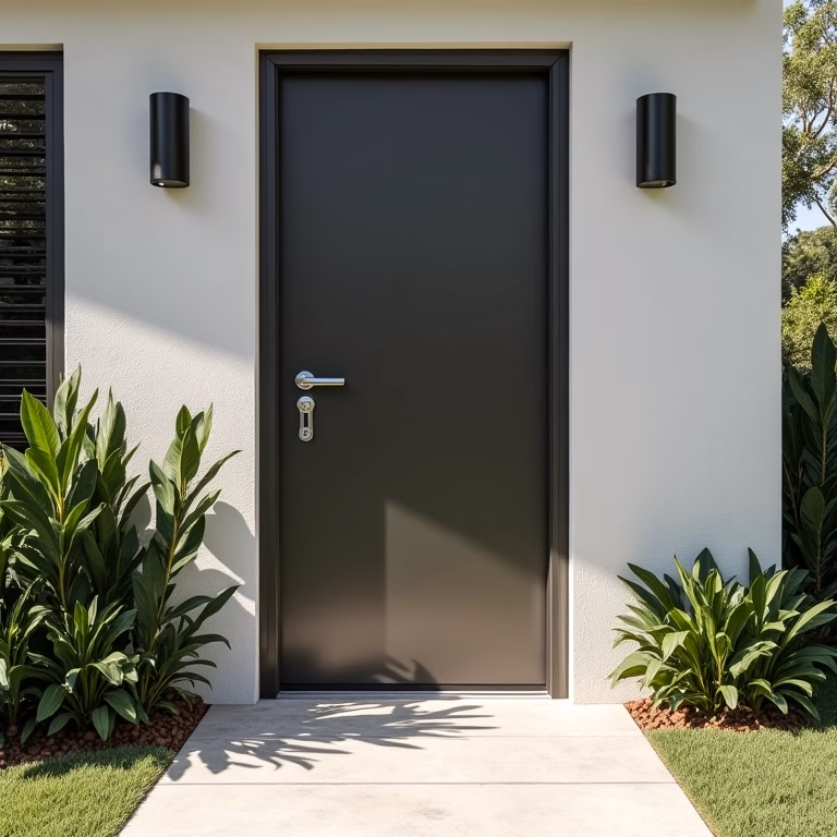 Porta de aço moderna em casa brasileira com estilo Farm Rio.