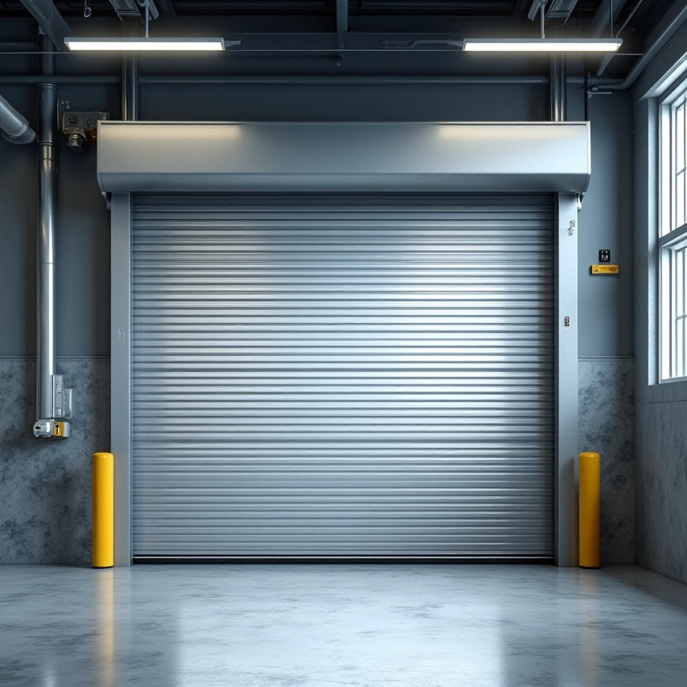 Porta de enrolar automática de aço em ambiente comercial.