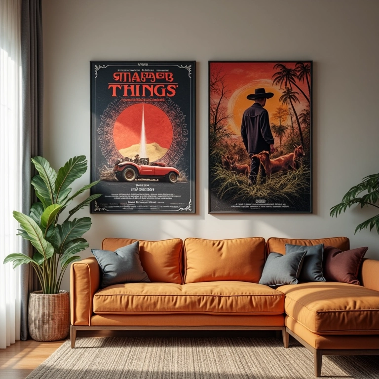 Pôsteres e quadros com referências visuais marcantes de Stranger Things na parede.
