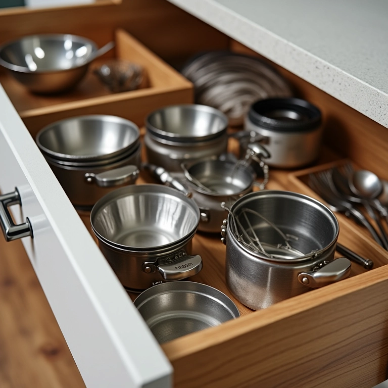 Potes e ramequins usados para organizar talheres em gaveta.