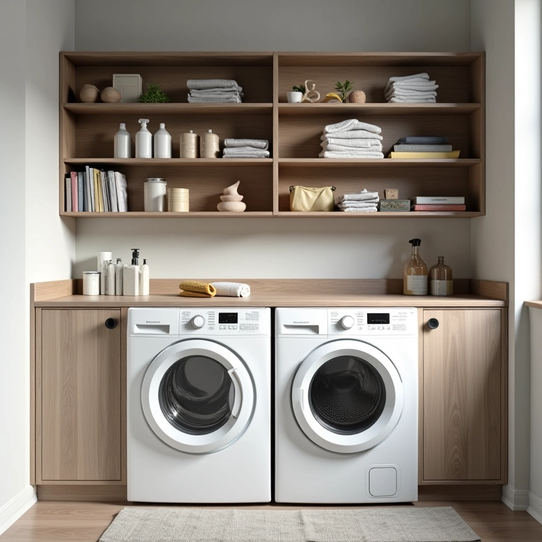 Prateleiras e armários modulares na área de serviço.