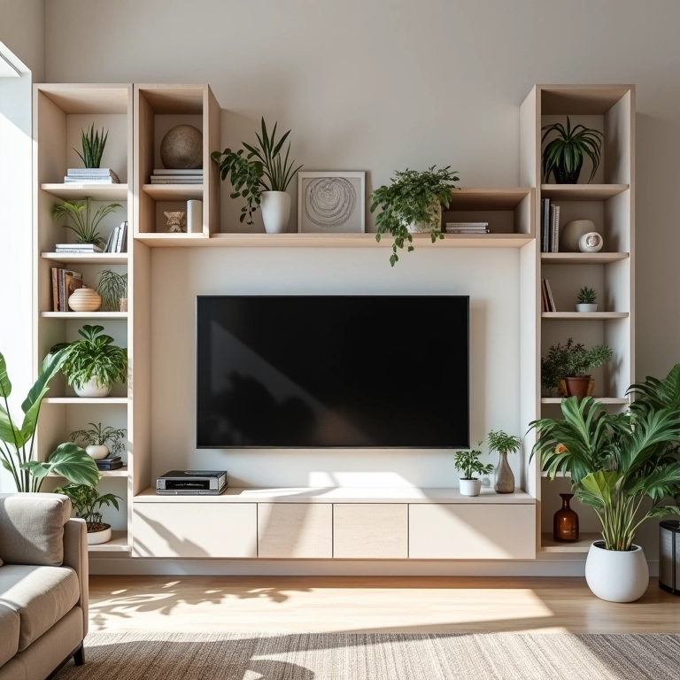 Prateleiras e nichos organizados e decorados ao redor da TV em uma sala de estar.