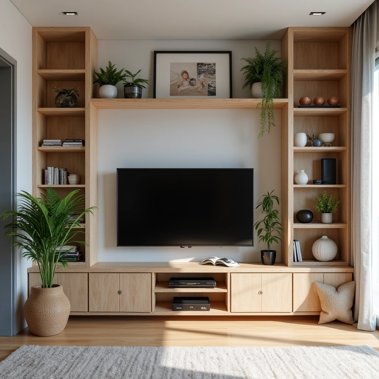Prateleiras e nichos organizando e decorando sala de TV pequena.