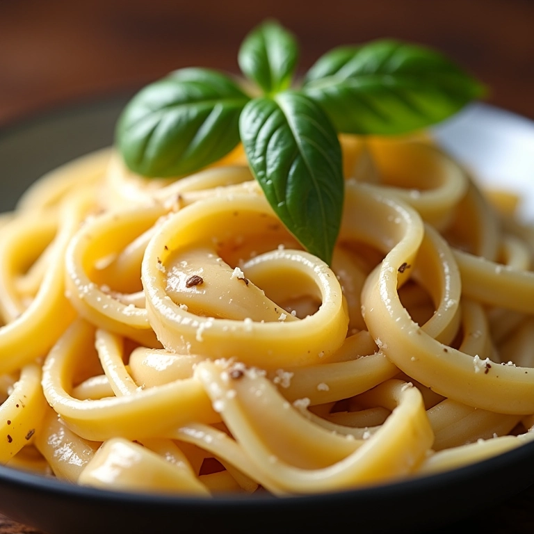 Prato fundo com fettuccine Alfredo cremoso e queijo parmesão ralado, destacando a textura rica do molho.