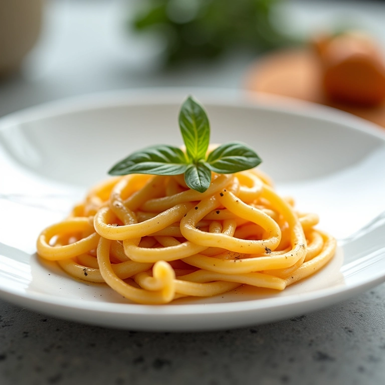 Prato raso com design minimalista, destacando a apresentação sofisticada de uma massa gourmet.