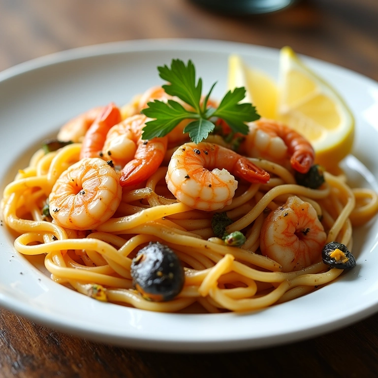 Prato raso com massa de frutos do mar, camarões e mexilhões frescos, finalizado com limão e salsinha.