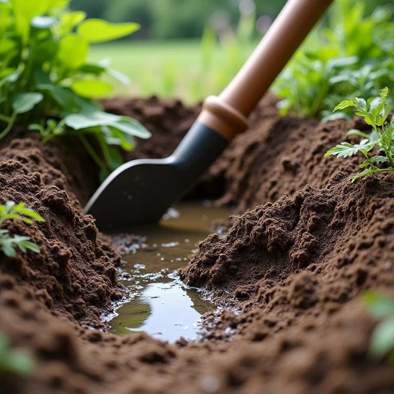Preparação do terreno para um tanque de jardim: escavação e nivelamento do solo.