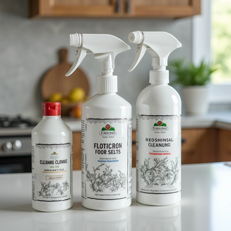 Produtos de limpeza adequados para forno elétrico expostos na bancada da cozinha.