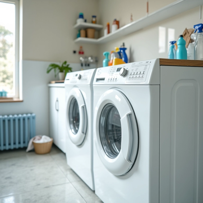 Produtos de limpeza etiquetados na área de serviço.