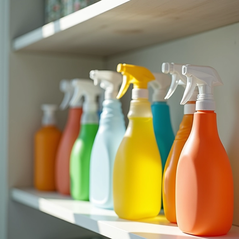 Produtos de limpeza organizados em prateleira para facilitar o uso diário.