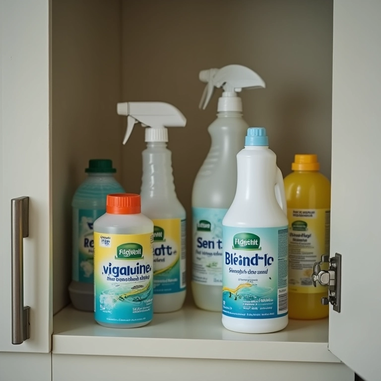 Produtos de limpeza perigosos armazenados em armário trancado para segurança infantil.