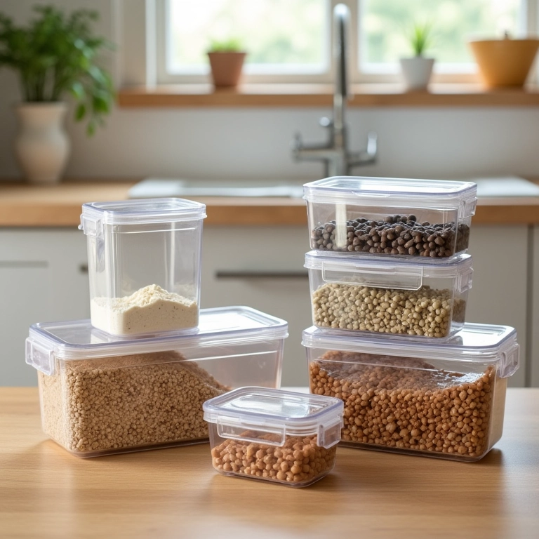 Produtos indicados para organizar a cozinha: potes, prateleiras e divisórias.