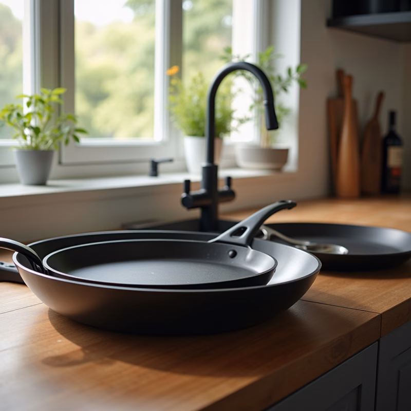 Professional photography, complete set of non-stick pans in a modern Brazilian kitchen, natural Jogo completo de panelas antiaderentes para montar sua cozinha.