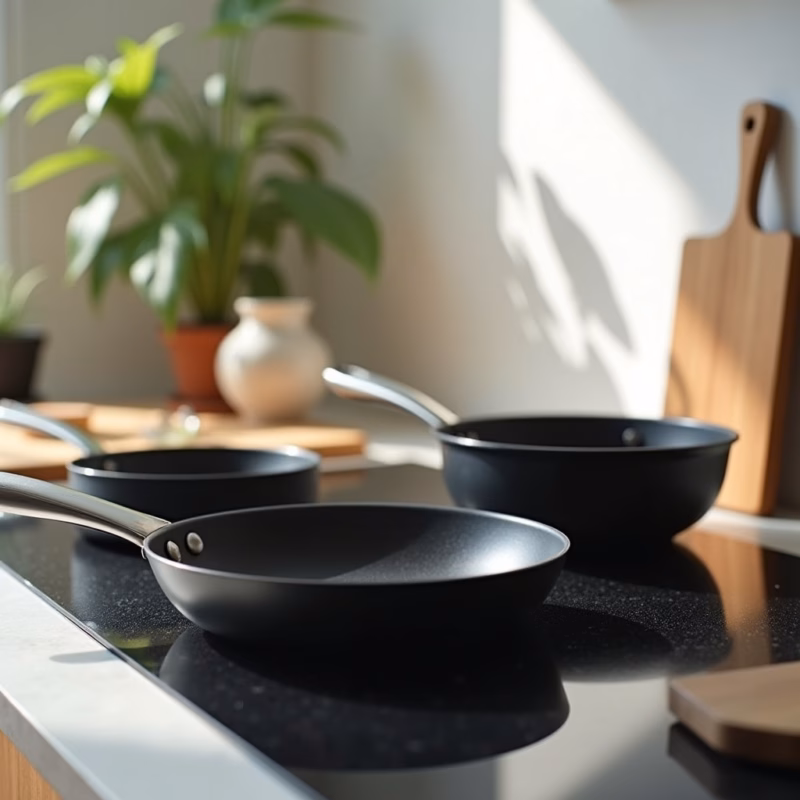 Professional photography, non-stick pans for gas, induction, and electric stoves on a modern Panelas antiaderentes para fogão a gás, indução e elétrico.
