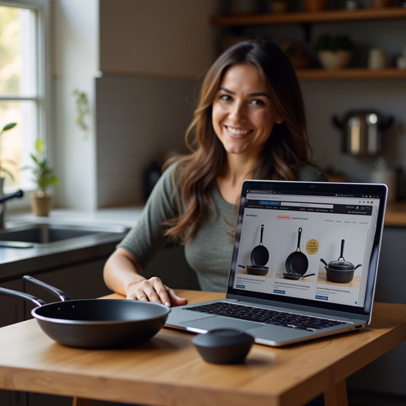 Professional photography, non-stick pans for sale in online store on a laptop screen, natural Comprando panelas antiaderentes online com bom custo-benefício.