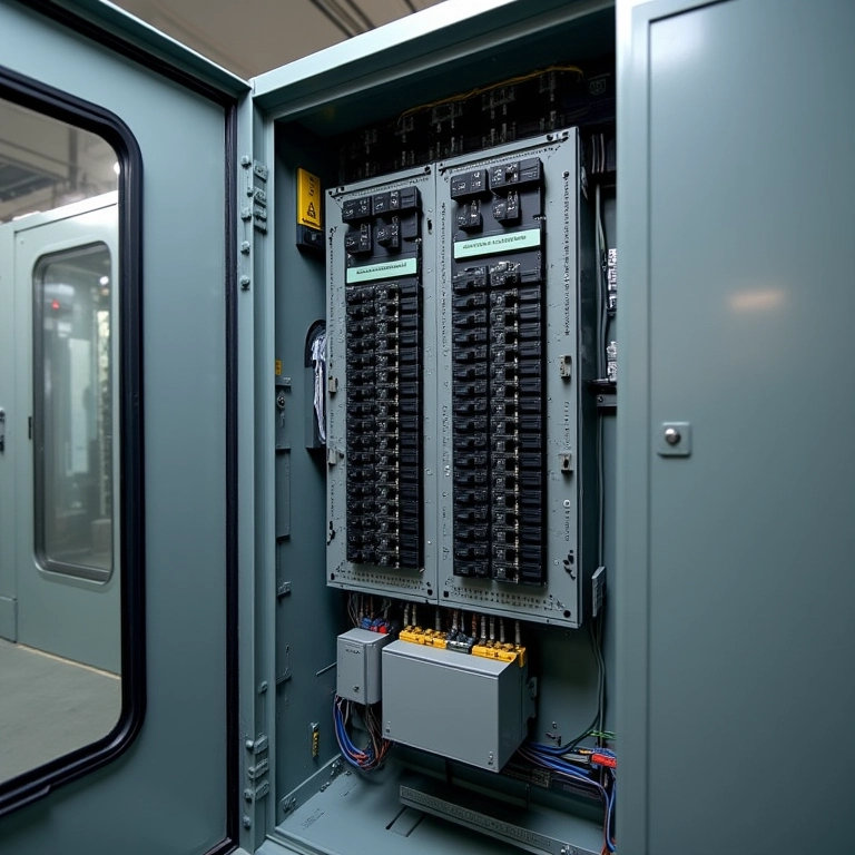 Quadro de distribuição elétrica aberto, mostrando os circuitos.