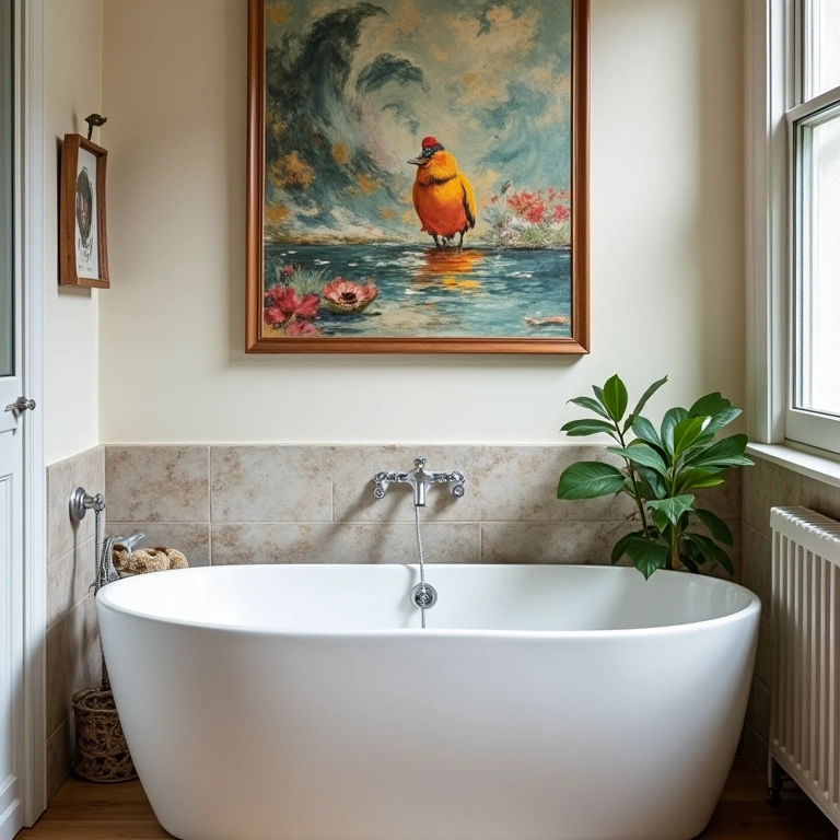 Quadros e objetos de decoração em um banheiro personalizado.