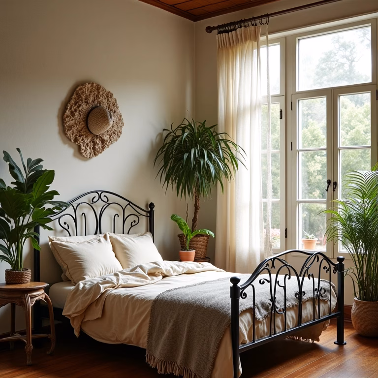 Quarto aconchegante com cabeceira de ferro, decoração brasileira e iluminação natural.