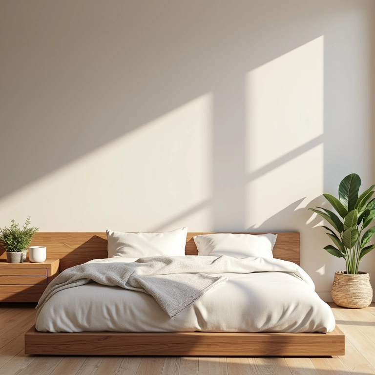 Quarto aconchegante com rodapé invertido e design minimalista.