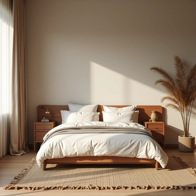 Quarto com materiais naturais como madeira e linho.