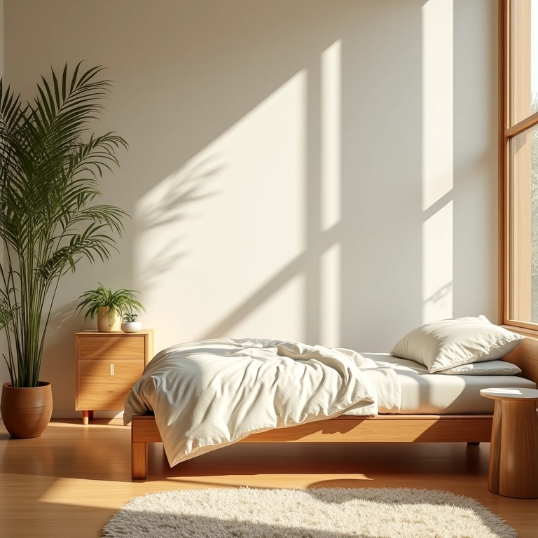 Quarto com piso e móveis de bambu, iluminação suave e decoração minimalista.