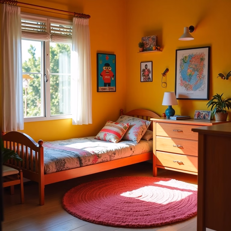 Quarto de adolescente feminino com decoração vibrante e aconchegante em estilo brasileiro.