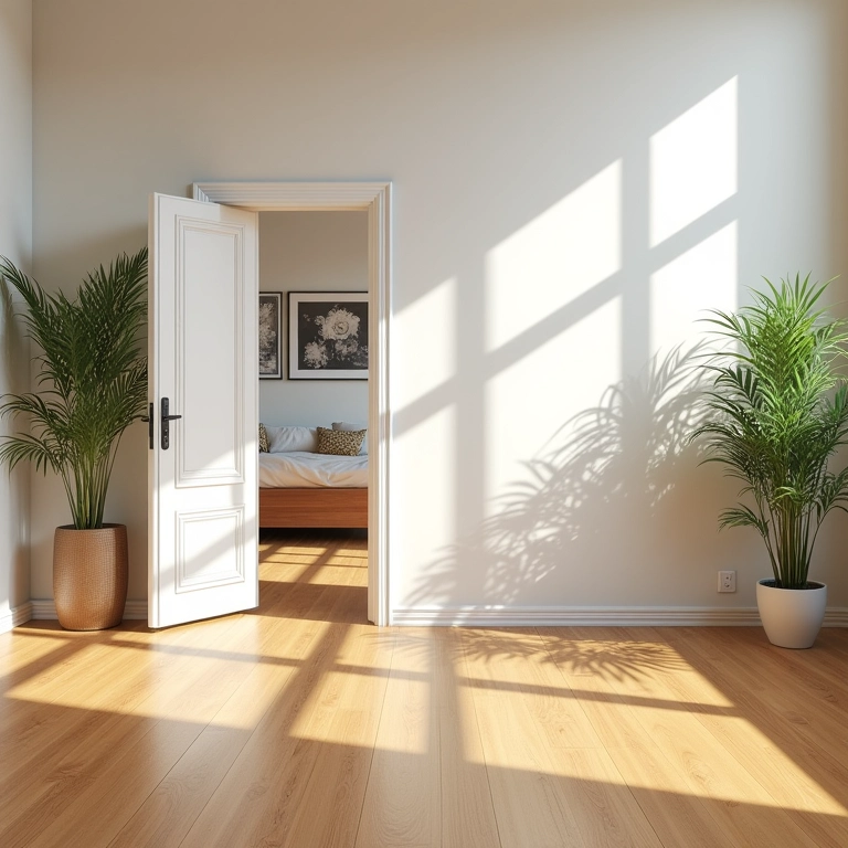 Quarto moderno com piso de bambu e decoração versátil.