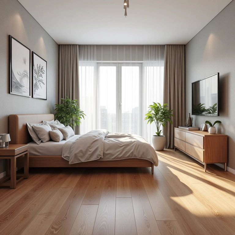 Quarto moderno com piso vinílico que imita madeira.