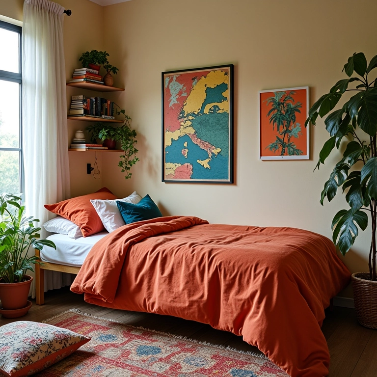 Quarto pequeno com mesa de canto e decoração personalizada.