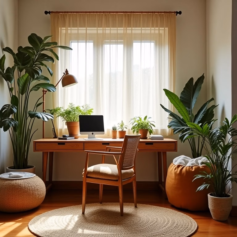 Quarto pequeno com mesa de canto otimizando o espaço.