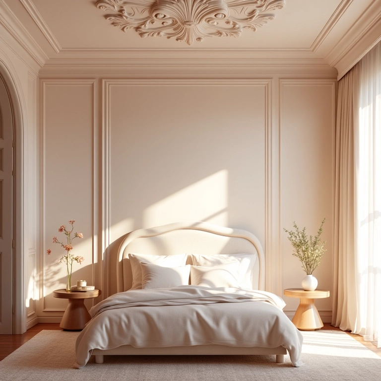 Quarto sereno com roda de gesso criando um ambiente romântico.