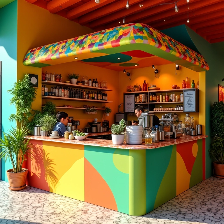 Quiosque com cores vibrantes e estampas alegres.