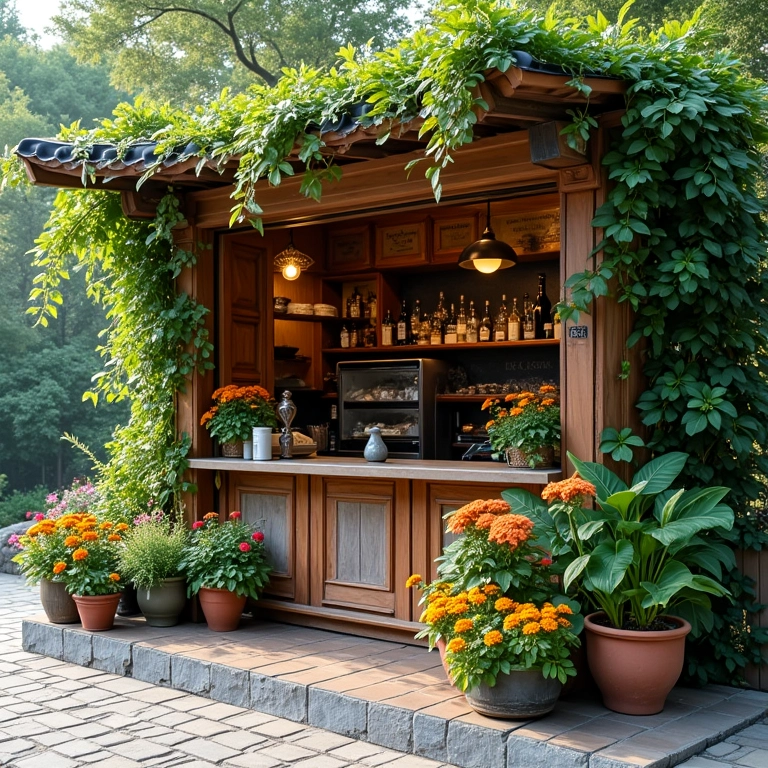 Quiosque decorado com plantas e flores vibrantes.