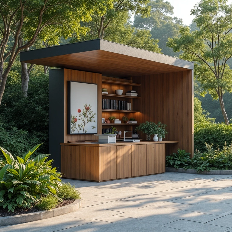 Quiosque integrado à natureza com plantas e materiais naturais.