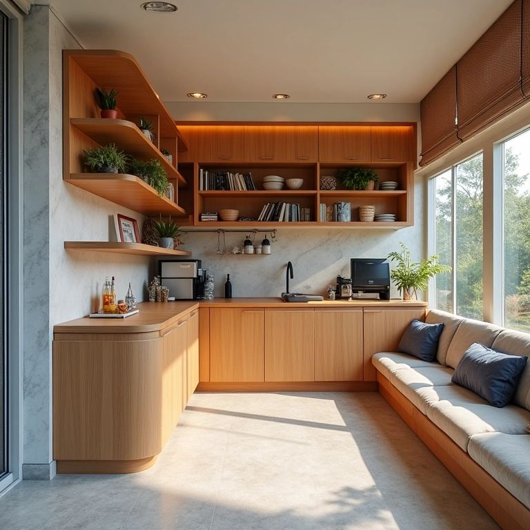 Quiosque pequeno com design funcional e otimização de espaço.