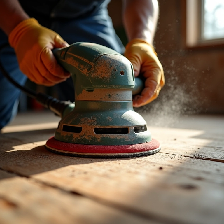 Raspagem e nivelamento de assoalho de madeira antigo com máquina profissional.