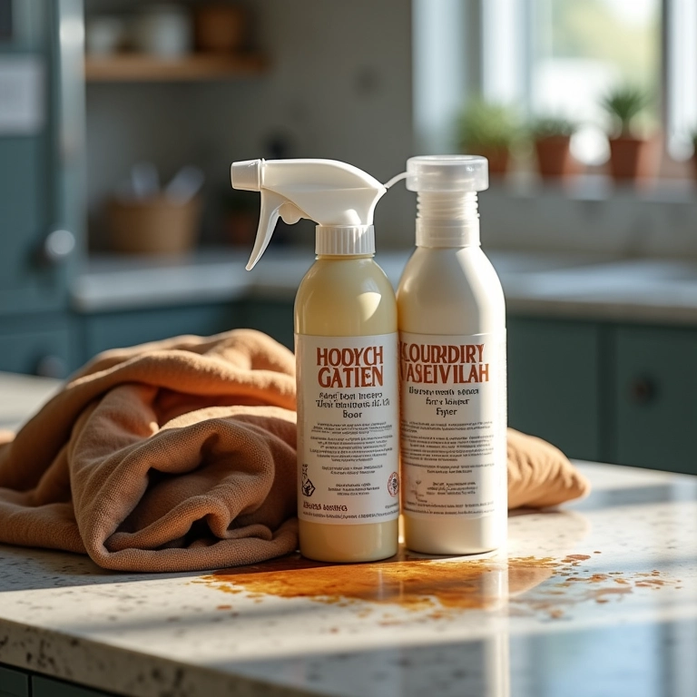 Removedores de manchas ao lado de roupa manchada de café.