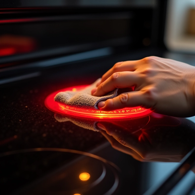 Resistências do forno elétrico sendo limpas cuidadosamente com um pano macio.