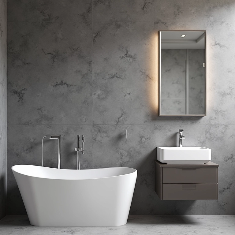 Revestimento 3D cinza em banheiro moderno.